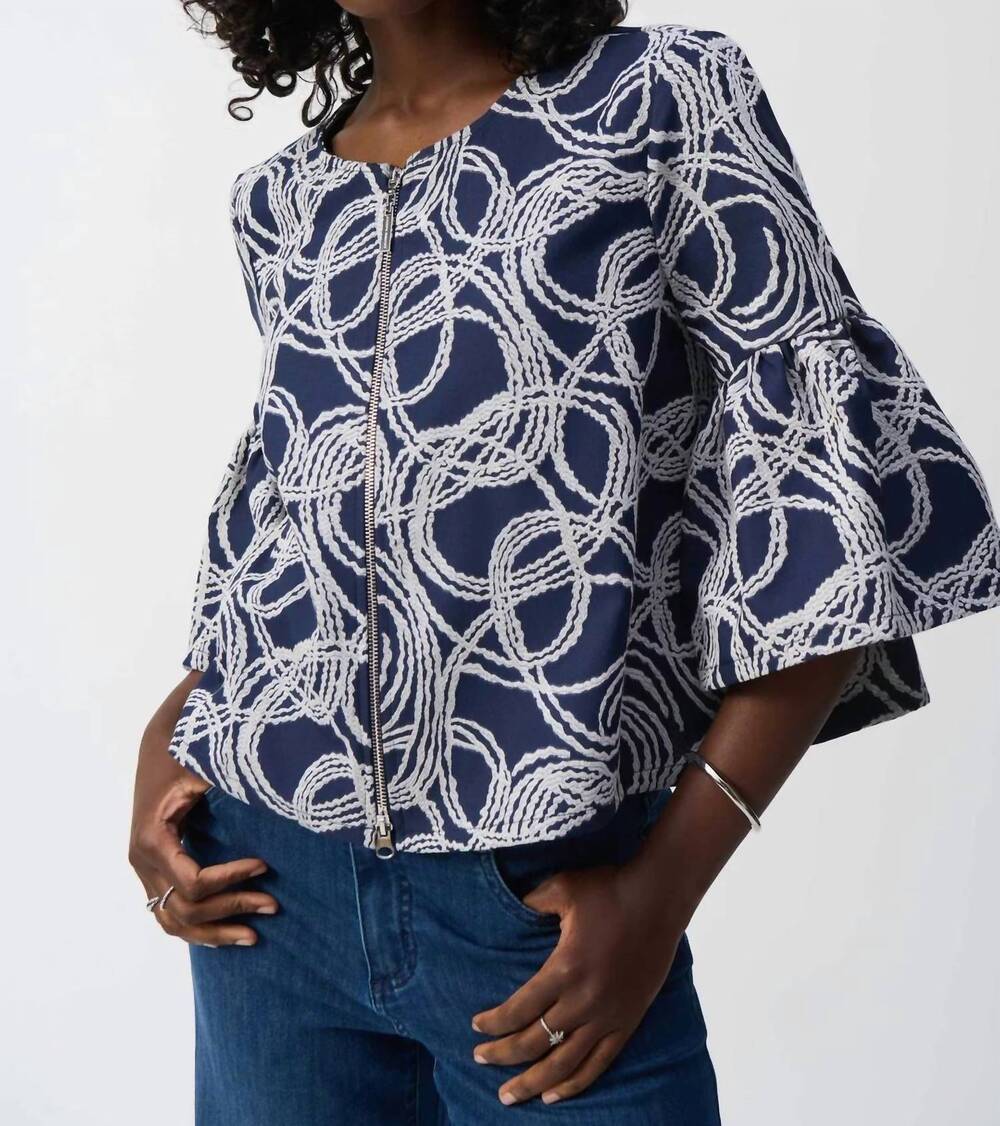NEW JOSEPH RIBKOFF abstract jacquard trapeze jacket in navy/off-white
